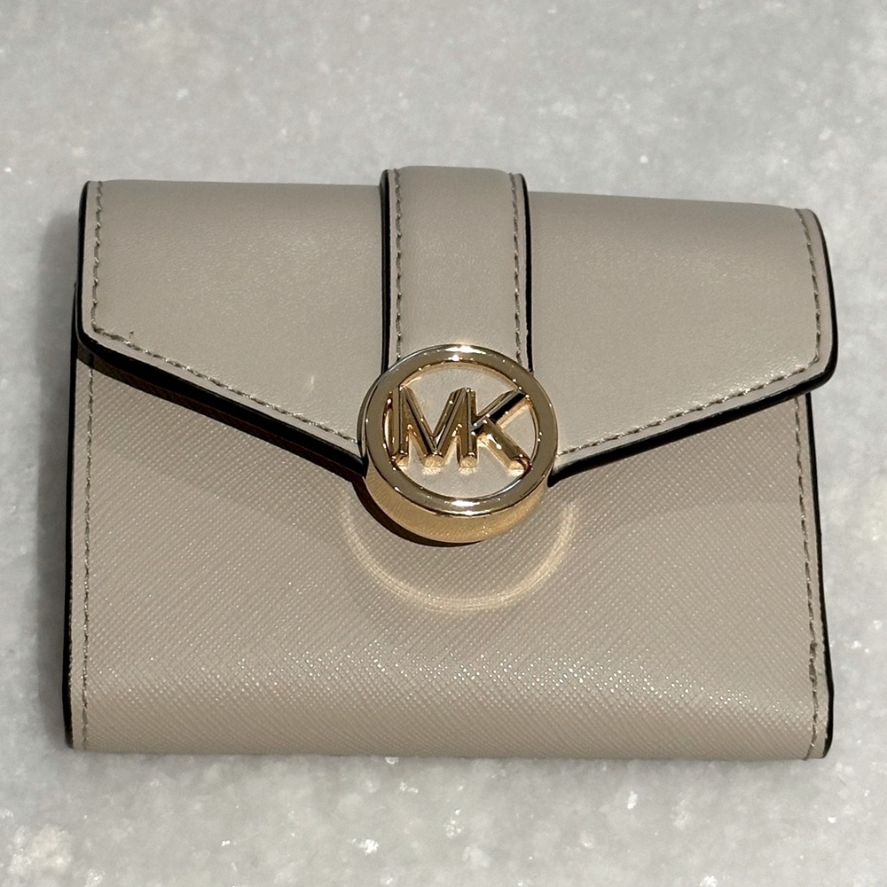 Michael Kors Beige Carmen Medium Flap Bifold Wallet with Gold Logo